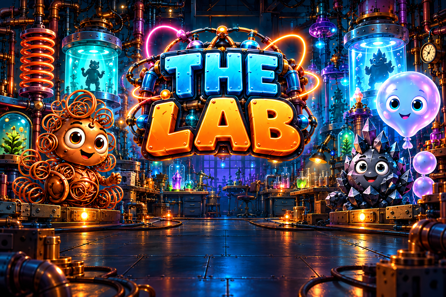 A glowing secret laboratory with copper, graphite and helium creatures around THE LAB logo
